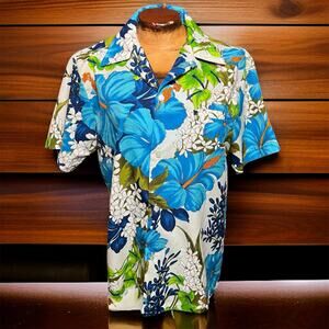 VINTAGE 70s Hawaiian Tiki Button Up Size M Hibiscus Kai Nani Dagger Collar
